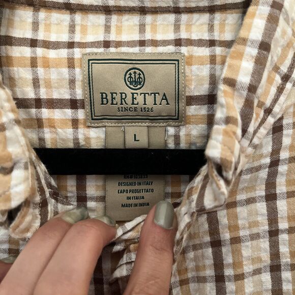 BERETTA Men’s Crinkle Washed Cotton Long Sleeve Plaid Hunting Flannel, Tan- L - Picture 5 of 8